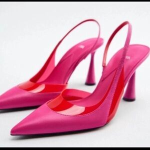 ZARA WOMEN HEELED SLING BACK  FUCHSIA/RED LEATHER SHOES Sz 39   NWT